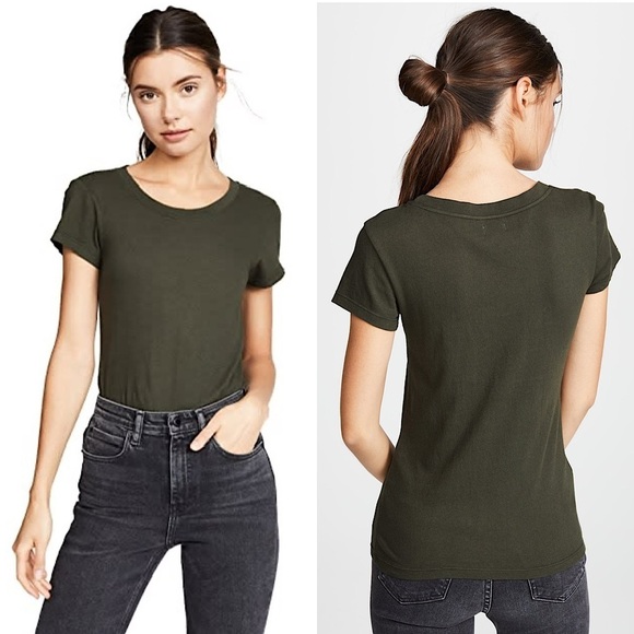 NWT L’AGENCE 90s Olive Green Cotton Scoop Neck Slim Fit Short Sleeve Baby Tee XS - Picture 1 of 9
